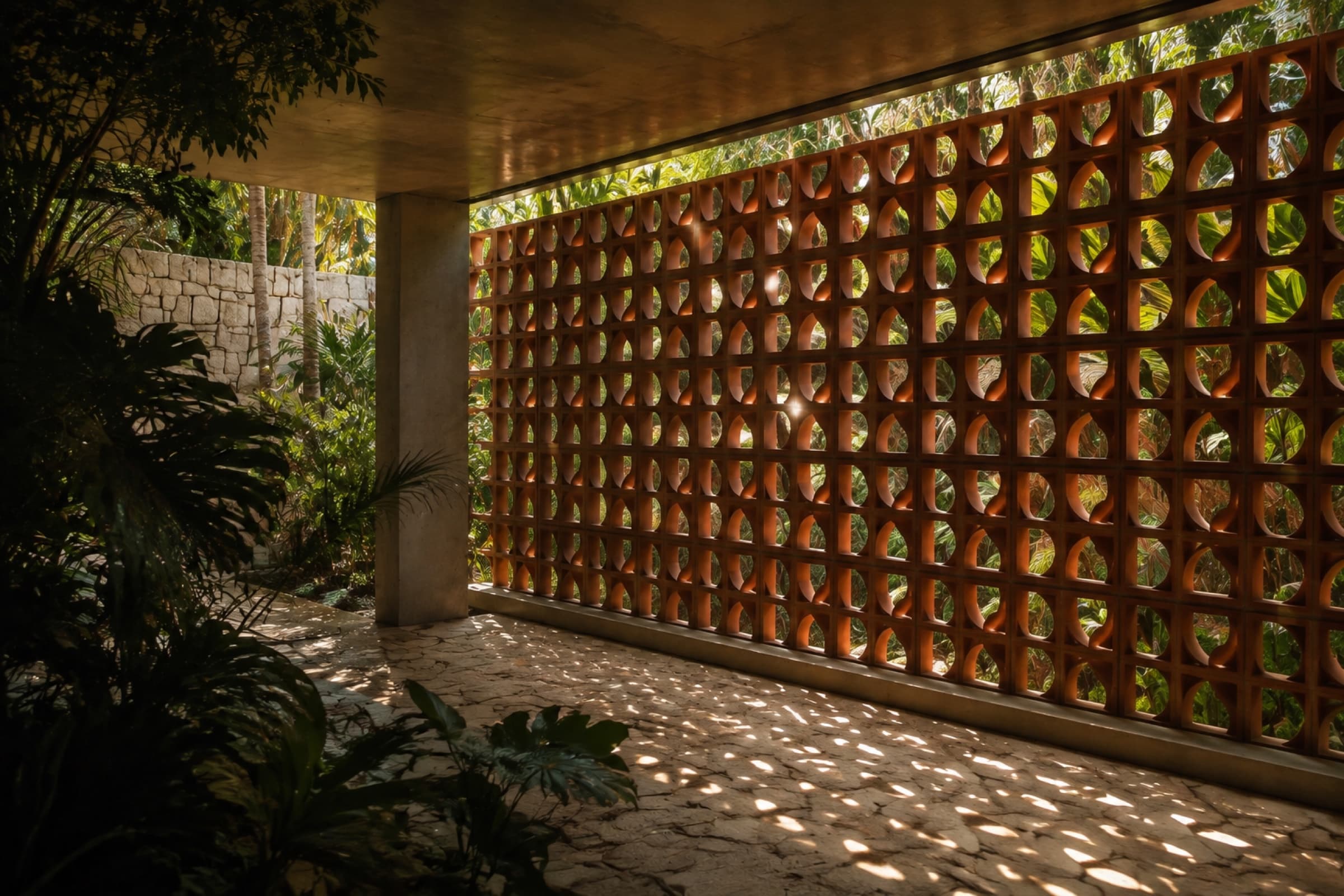 Painel de cobogós de terracota filtrando a luz do sol