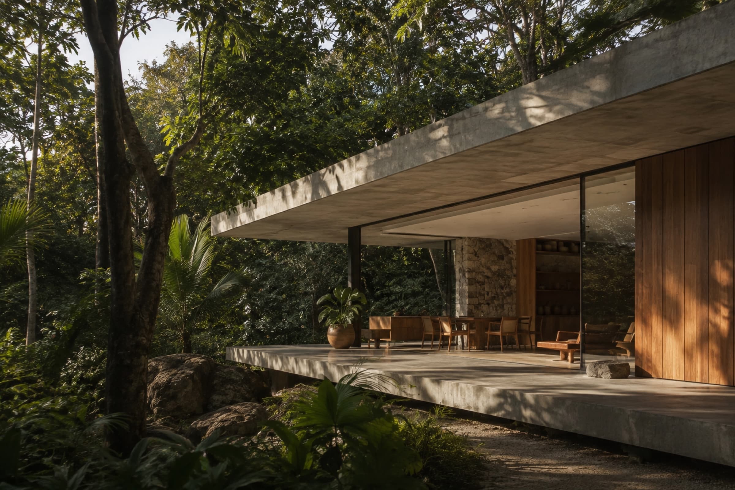Casa modernista de concreto e madeira integrada à mata