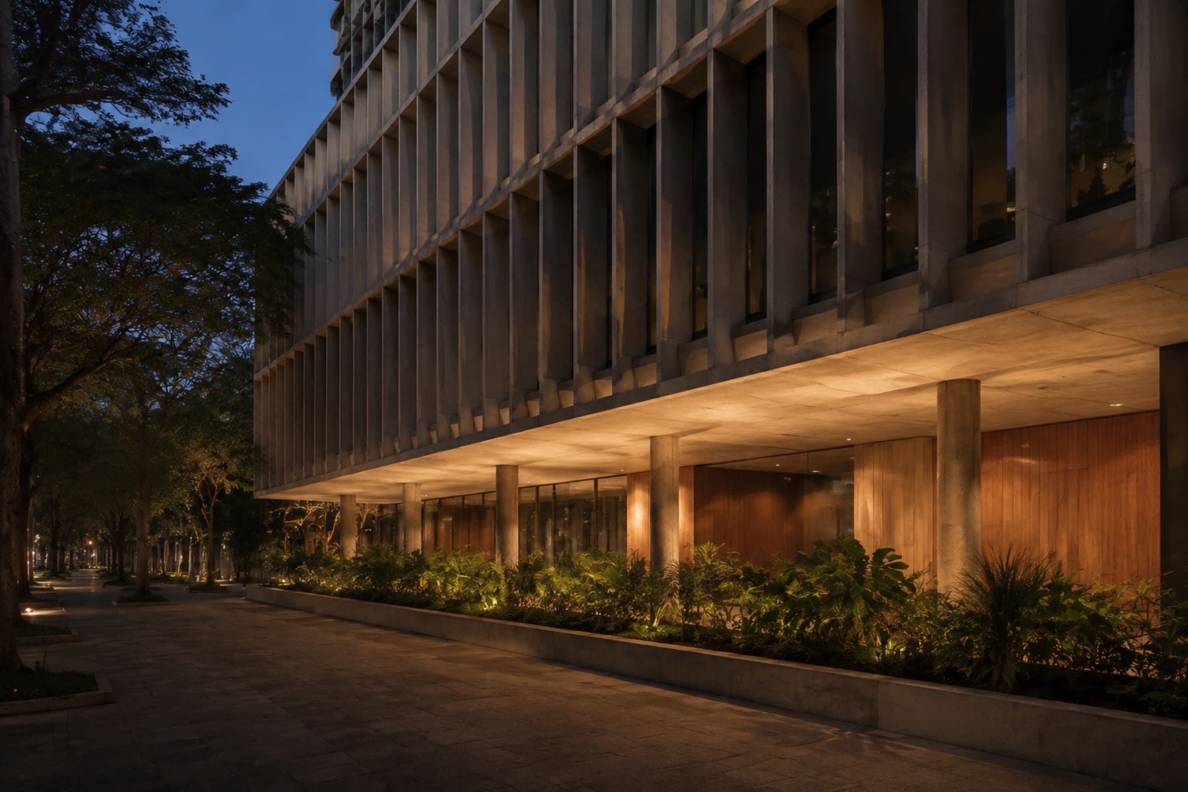Edifício urbano modernista iluminado no início da noite